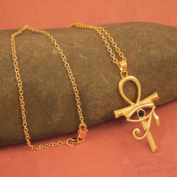 Gold Egyptian Ankh Cross with Eye of Ra Necklace - Picture 2 of 4